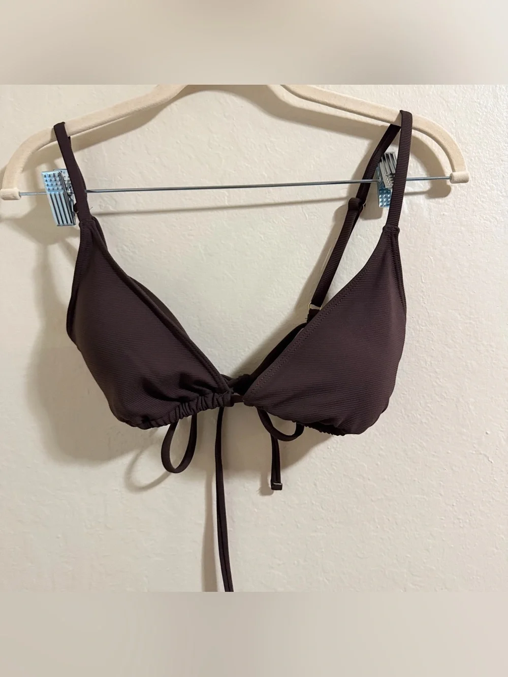 Wilo The Label Chocolate Brown Ribbed Triangle Bikini Top - Size Large
